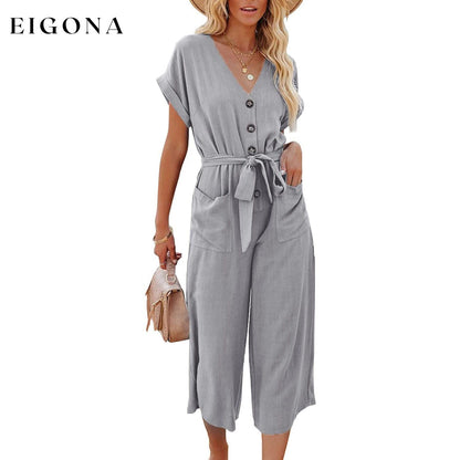 Women's Short Sleeve V Neck Button Belt Wide Leg Jumpsuit __stock:200 casual dresses clothes dresses refund_fee:1200