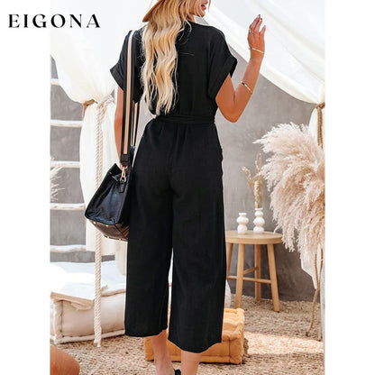 Women's Short Sleeve V Neck Button Belt Wide Leg Jumpsuit __stock:200 casual dresses clothes dresses refund_fee:1200