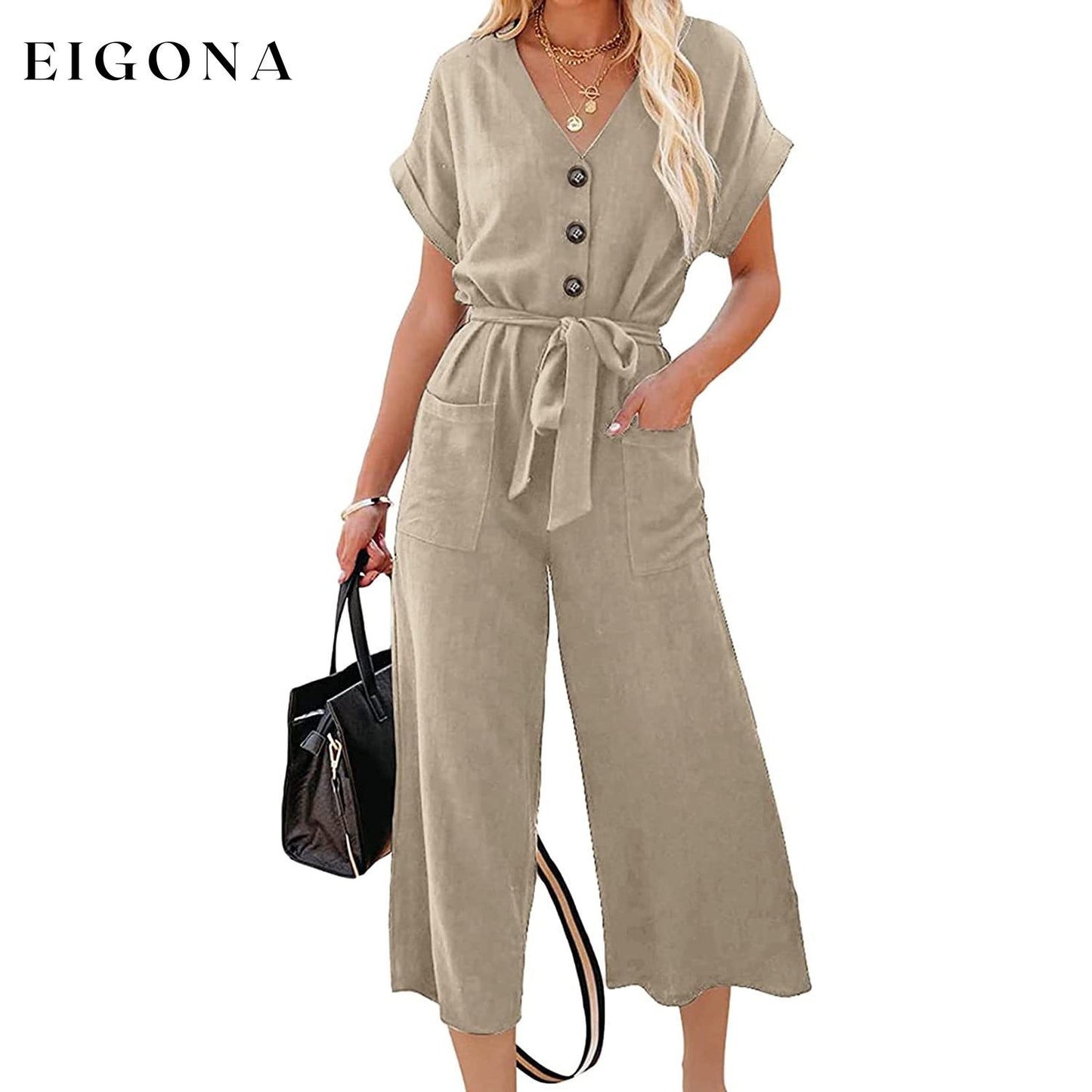 Women's Short Sleeve V Neck Button Belt Wide Leg Jumpsuit Khaki __stock:200 casual dresses clothes dresses refund_fee:1200