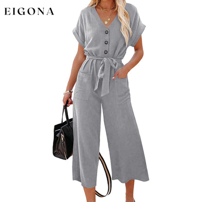 Women's Short Sleeve V Neck Button Belt Wide Leg Jumpsuit Light Gray __stock:200 casual dresses clothes dresses refund_fee:1200