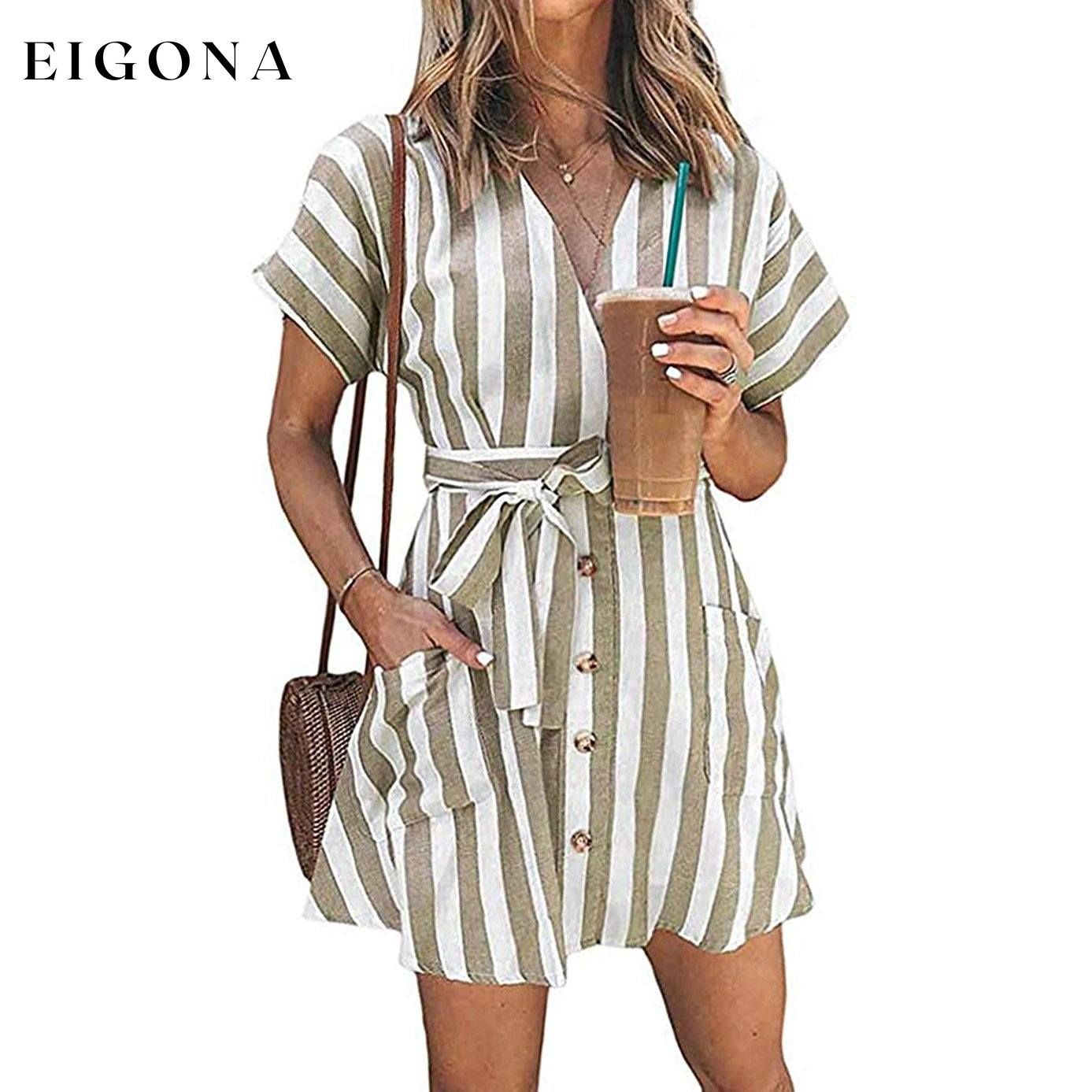 Womens Stripe Short Sleeve Wrap V Neck Button Front Tie Belted Dress Apricot __stock:500 casual dresses clothes dresses refund_fee:800