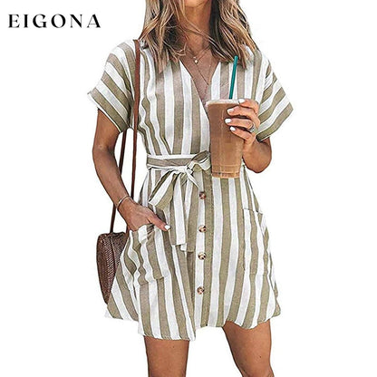 Womens Stripe Short Sleeve Wrap V Neck Button Front Tie Belted Dress Apricot __stock:500 casual dresses clothes dresses refund_fee:800