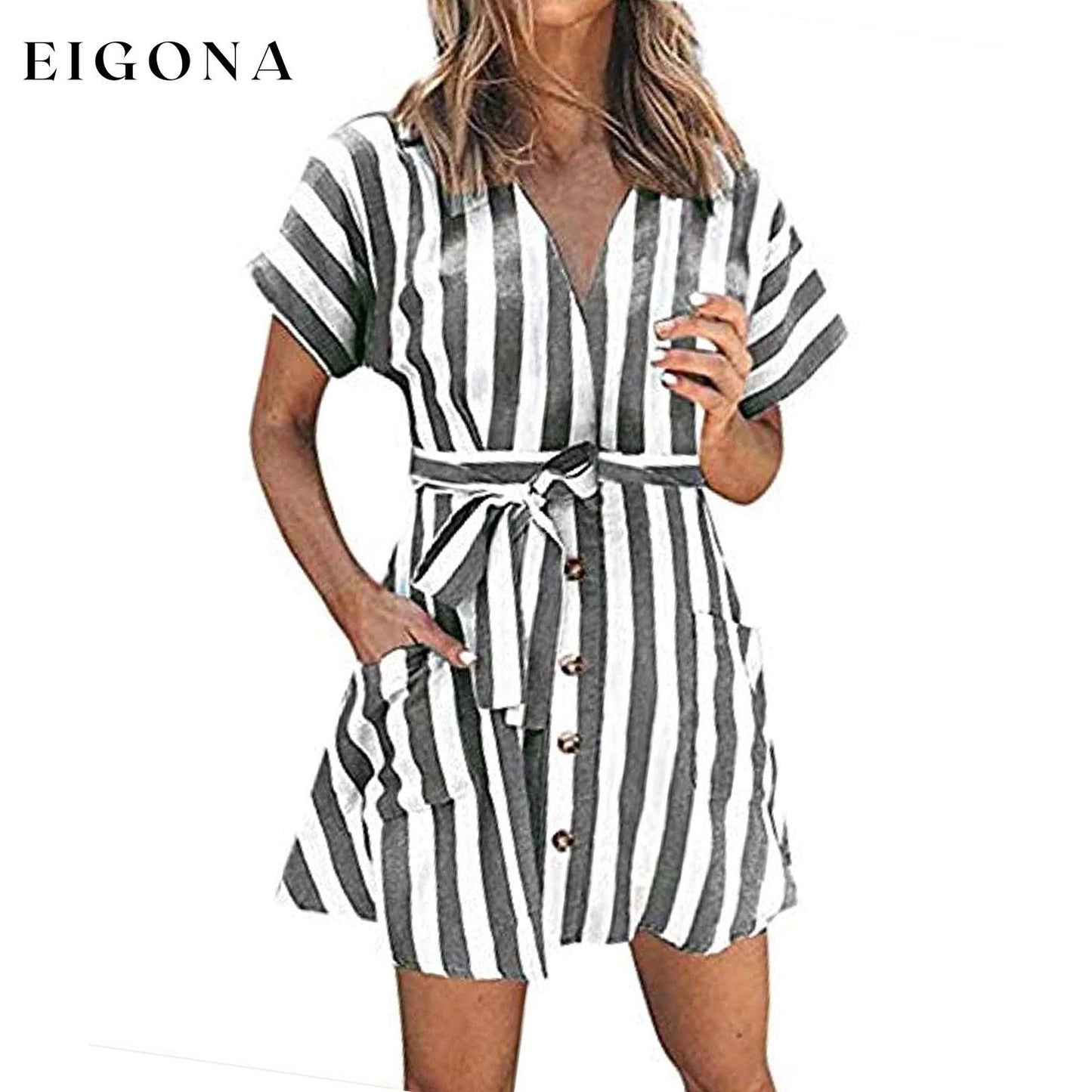 Womens Stripe Short Sleeve Wrap V Neck Button Front Tie Belted Dress Gray __stock:500 casual dresses clothes dresses refund_fee:800