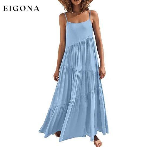 Women’s Summer Casual Loose Sleeveless Spaghetti Strap Asymmetric Tiered Beach Maxi Long Dress Blue __stock:200 casual dresses clothes dresses refund_fee:1200