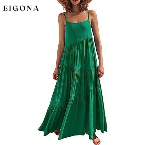 Women’s Summer Casual Loose Sleeveless Spaghetti Strap Asymmetric Tiered Beach Maxi Long Dress Green __stock:200 casual dresses clothes dresses refund_fee:1200