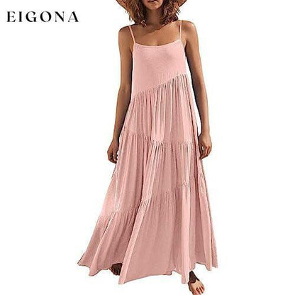 Women’s Summer Casual Loose Sleeveless Spaghetti Strap Asymmetric Tiered Beach Maxi Long Dress Pink __stock:200 casual dresses clothes dresses refund_fee:1200