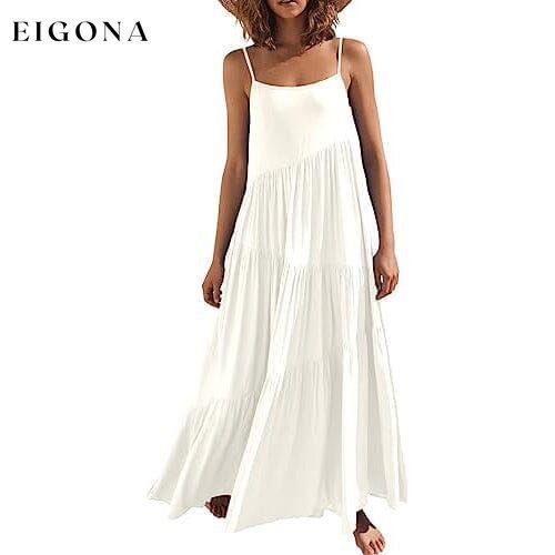 Women’s Summer Casual Loose Sleeveless Spaghetti Strap Asymmetric Tiered Beach Maxi Long Dress White __stock:200 casual dresses clothes dresses refund_fee:1200