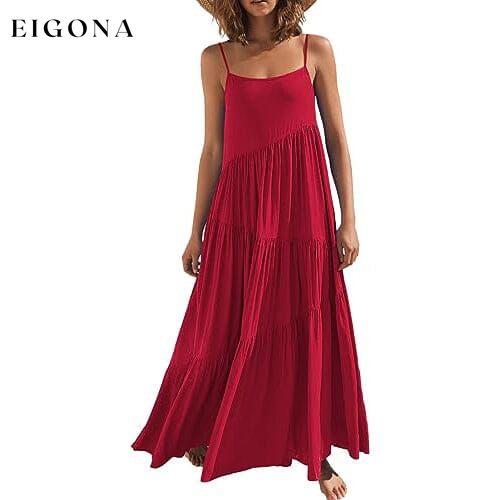 Women’s Summer Casual Loose Sleeveless Spaghetti Strap Asymmetric Tiered Beach Maxi Long Dress Wine __stock:200 casual dresses clothes dresses refund_fee:1200