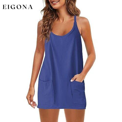 Womens Summer Sleeveless Mini Dress V Neck Spaghetti Strap with Pockets Blue __stock:200 casual dresses clothes dresses refund_fee:1200