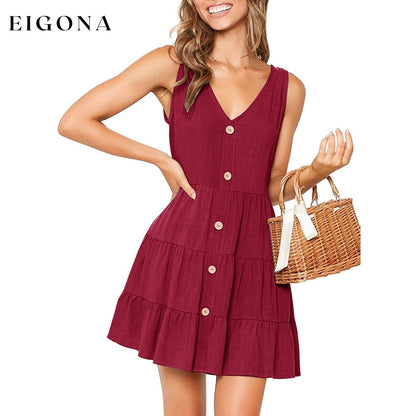 Women's Summer Sleeveless V Neck Dress Wine Red __stock:200 casual dresses clothes dresses refund_fee:1200