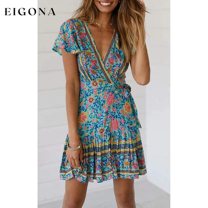 Women’s Summer Wrap V Neck Bohemian Floral Print Mini Dress __stock:200 casual dresses clothes dresses refund_fee:1200