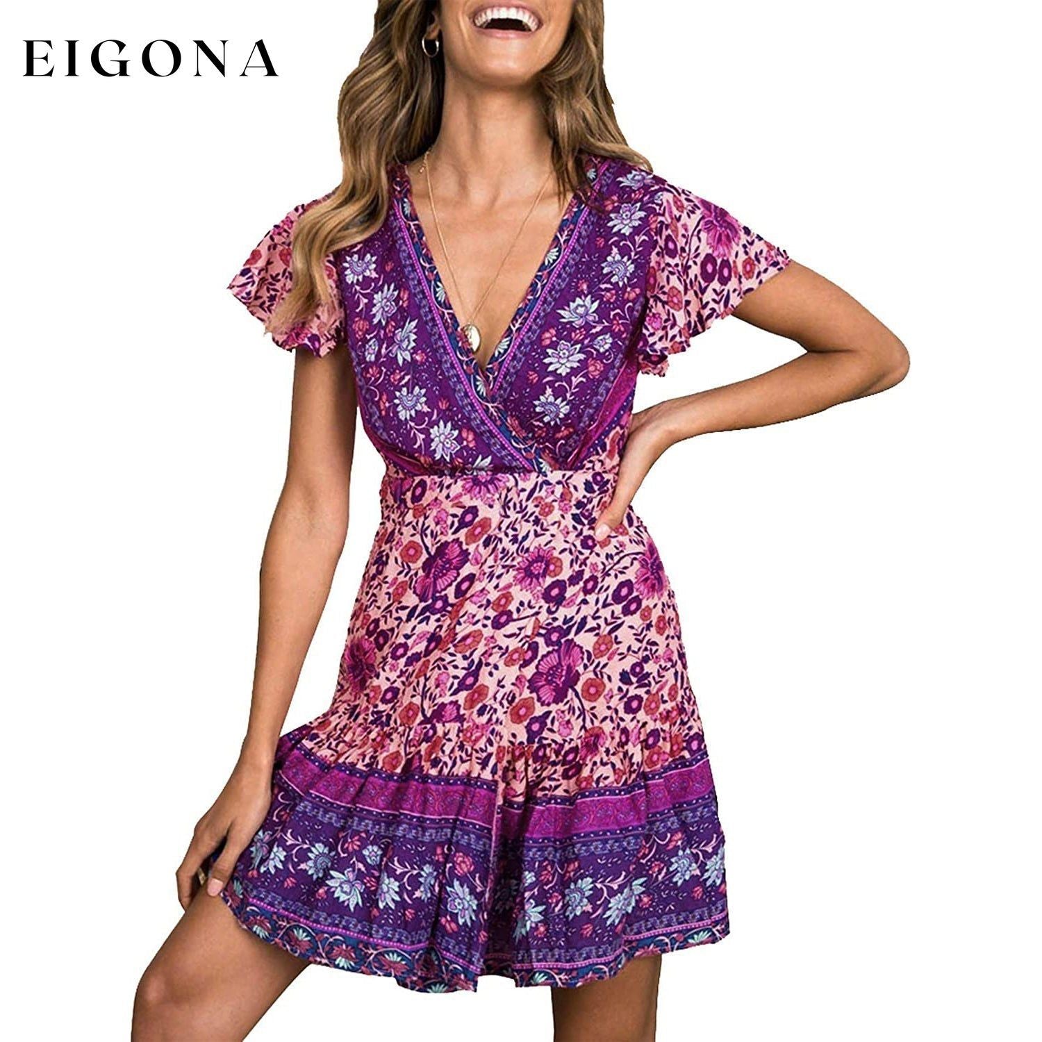 Women’s Summer Wrap V Neck Bohemian Floral Print Mini Dress Purple __stock:200 casual dresses clothes dresses refund_fee:1200