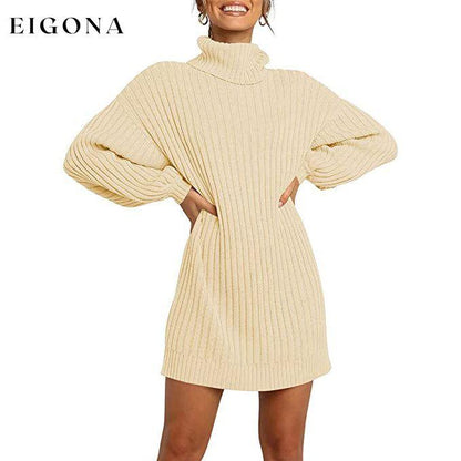 Women's Turtleneck Long Lantern Sleeve Casual Loose Oversized Sweater Dress L __stock:50 casual dresses clothes dresses refund_fee:1800