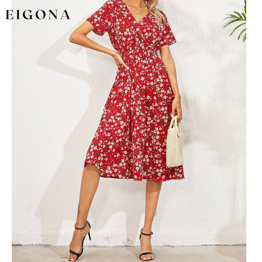Women's V Neck Casual Boho Loose Midi Dress Red __stock:200 casual dresses clothes dresses refund_fee:1200 show-color-swatches