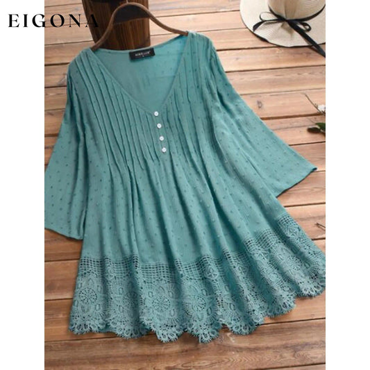 Women's V-Neck Floral Lace Top Green __stock:200 clothes refund_fee:1200 tops