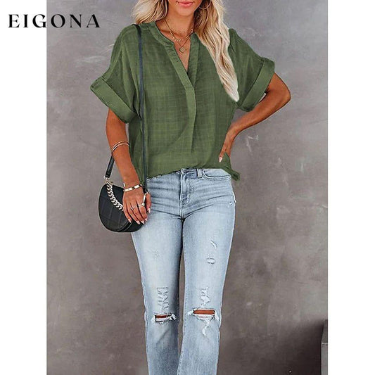 Women's V-Neck Loose Shirt Short Sleeve Top Green __stock:200 clothes refund_fee:1200 tops