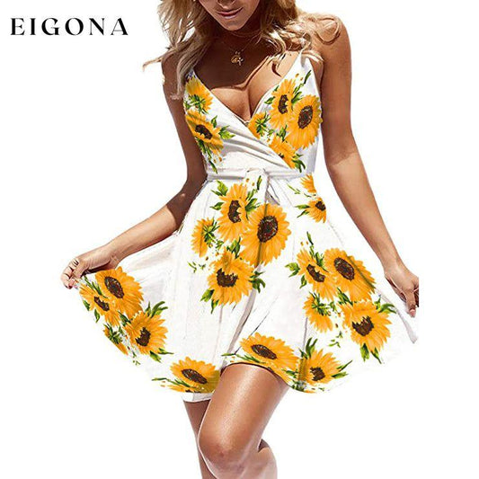 Women's V-Neck Spaghetti Strap Mini Swing Skater Dress White Sunflower __stock:200 casual dresses clothes dresses refund_fee:1200