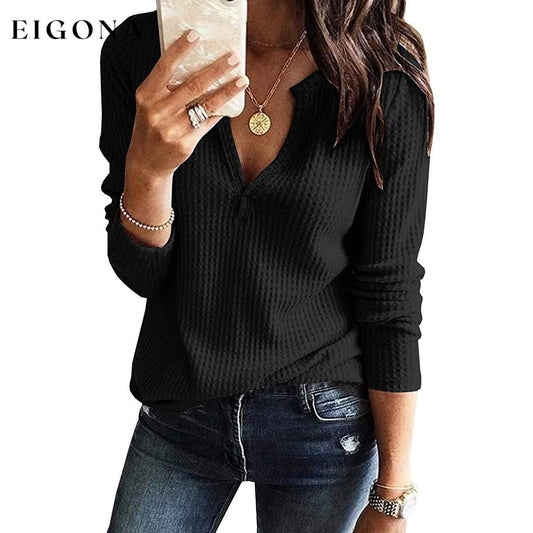Women's V Neck Waffle Knit Henley Tops Black __stock:500 clothes refund_fee:800 tops