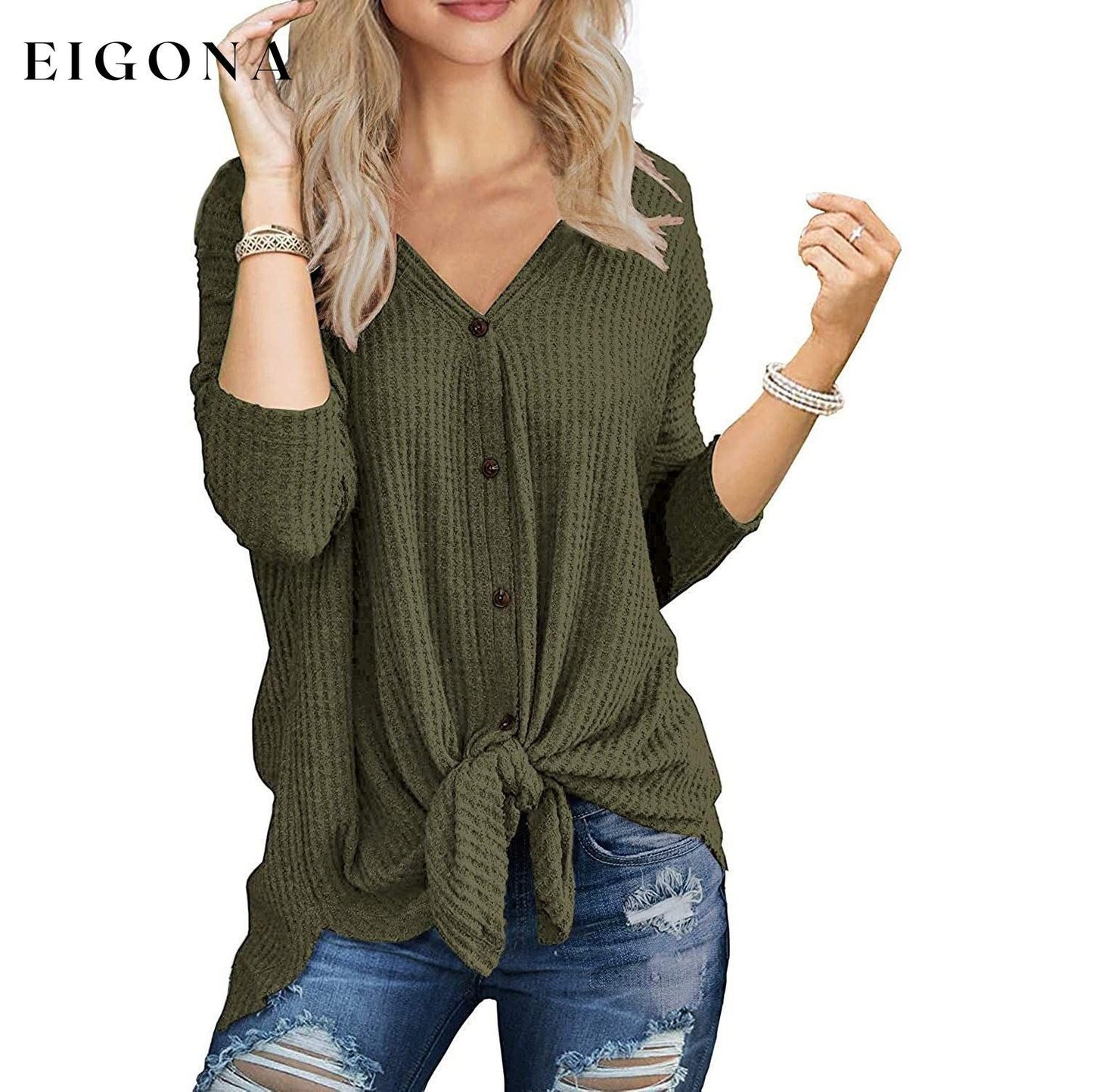 Womens Waffle Knit Tunic Blouse Tie Knot Henley Tops Army Green __stock:200 clothes refund_fee:800 tops