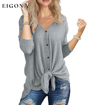 Womens Waffle Knit Tunic Blouse Tie Knot Henley Tops Light Gray __stock:200 clothes refund_fee:800 tops