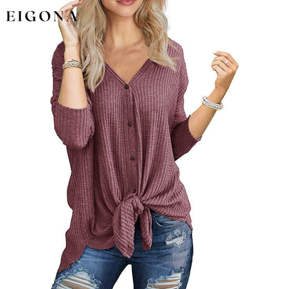 Womens Waffle Knit Tunic Blouse Tie Knot Henley Tops Mauve __stock:200 clothes refund_fee:800 tops