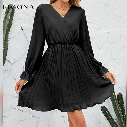 Womens Wrap V Neck Pleated Long Sleeve Mini Dresses __stock:200 casual dresses clothes dresses refund_fee:1200