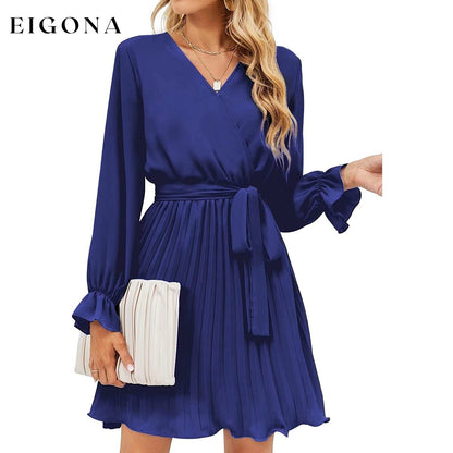 Womens Wrap V Neck Pleated Long Sleeve Mini Dresses Navy Blue __stock:200 casual dresses clothes dresses refund_fee:1200