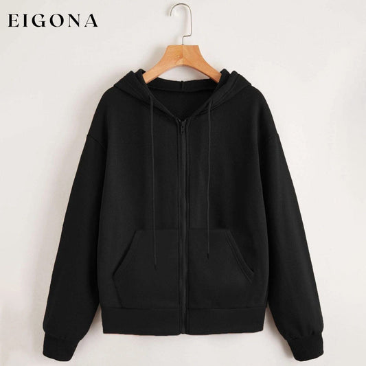 Zip Up Drop Shoulder Drawstring Hoodie Black __stock:500 clothes refund_fee:800 tops